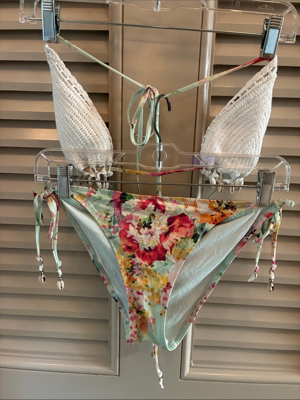 Zimmermann White Crochet Triangle Bikini Top with Floral Tie-Side Bottoms